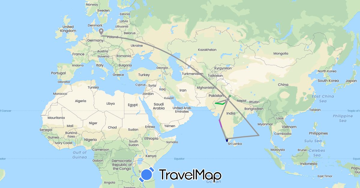 TravelMap itinerary: driving, bus, plane, train in Germany, India (Asia, Europe)